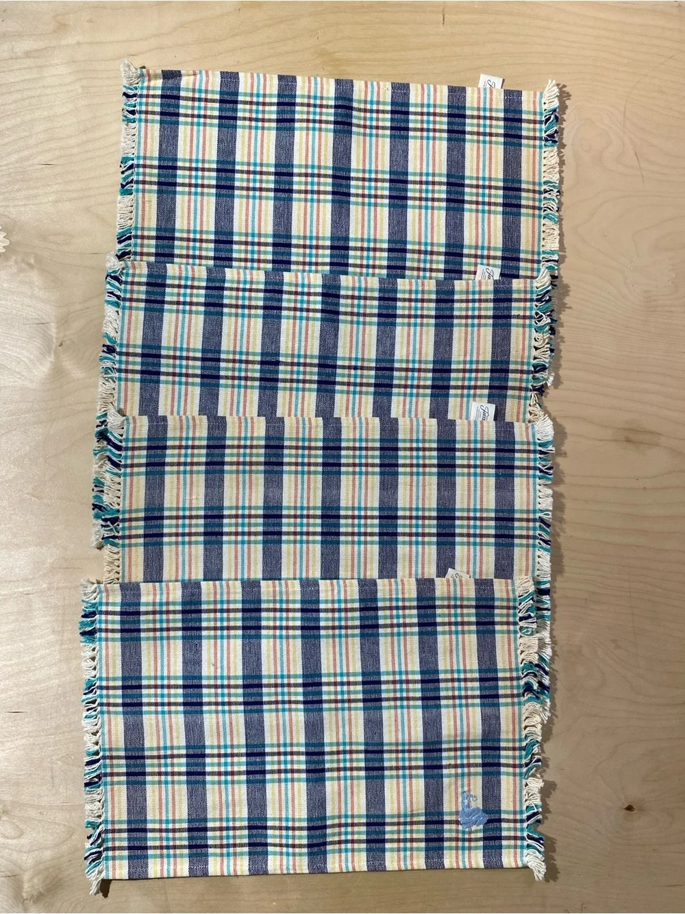 Set of 4 Fiesta Blue & Cream Plaid Placemats with Fringe (RK)